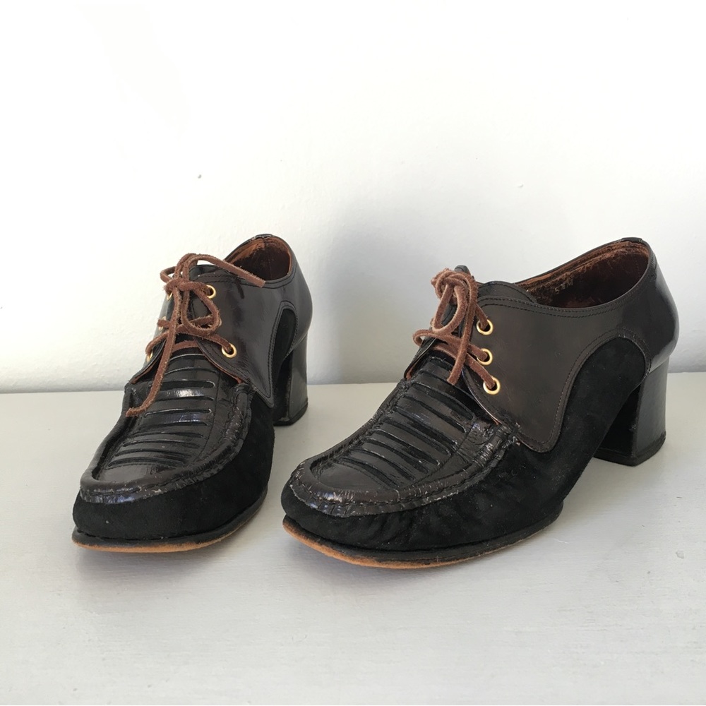 vintage black suede and patent leather oxford pumps block heel, size 5.5